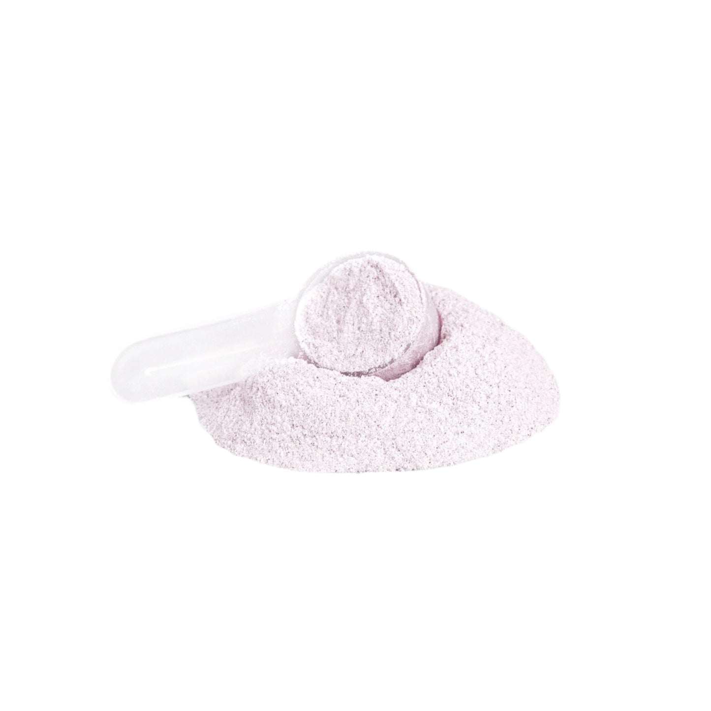 White scoop with pink powder on a light gray background