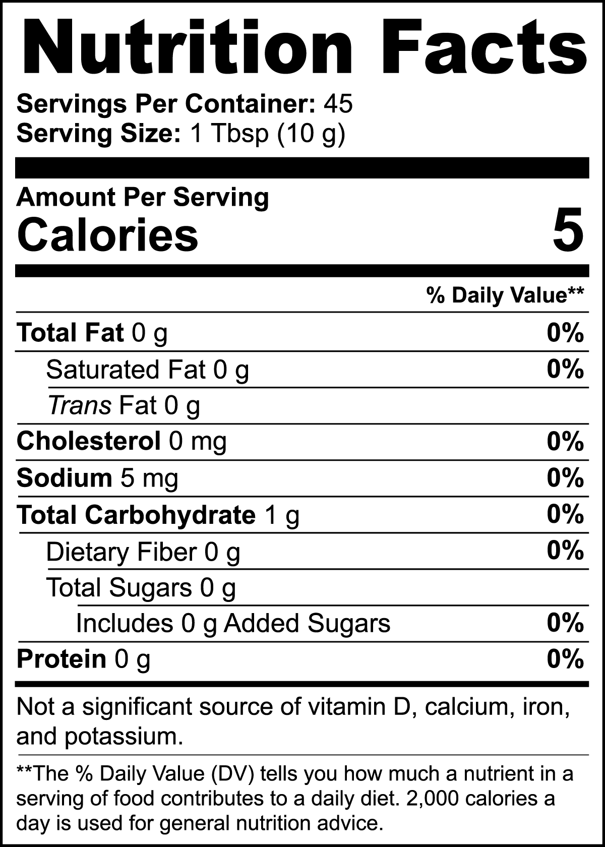 Nutrition facts label for a product with 5 calories per serving