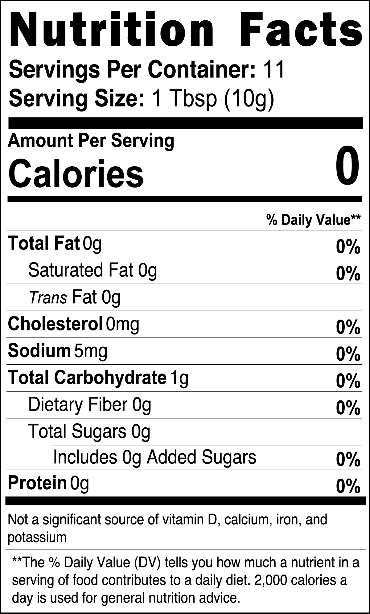 Nutrition facts label for a product with zero calories per serving