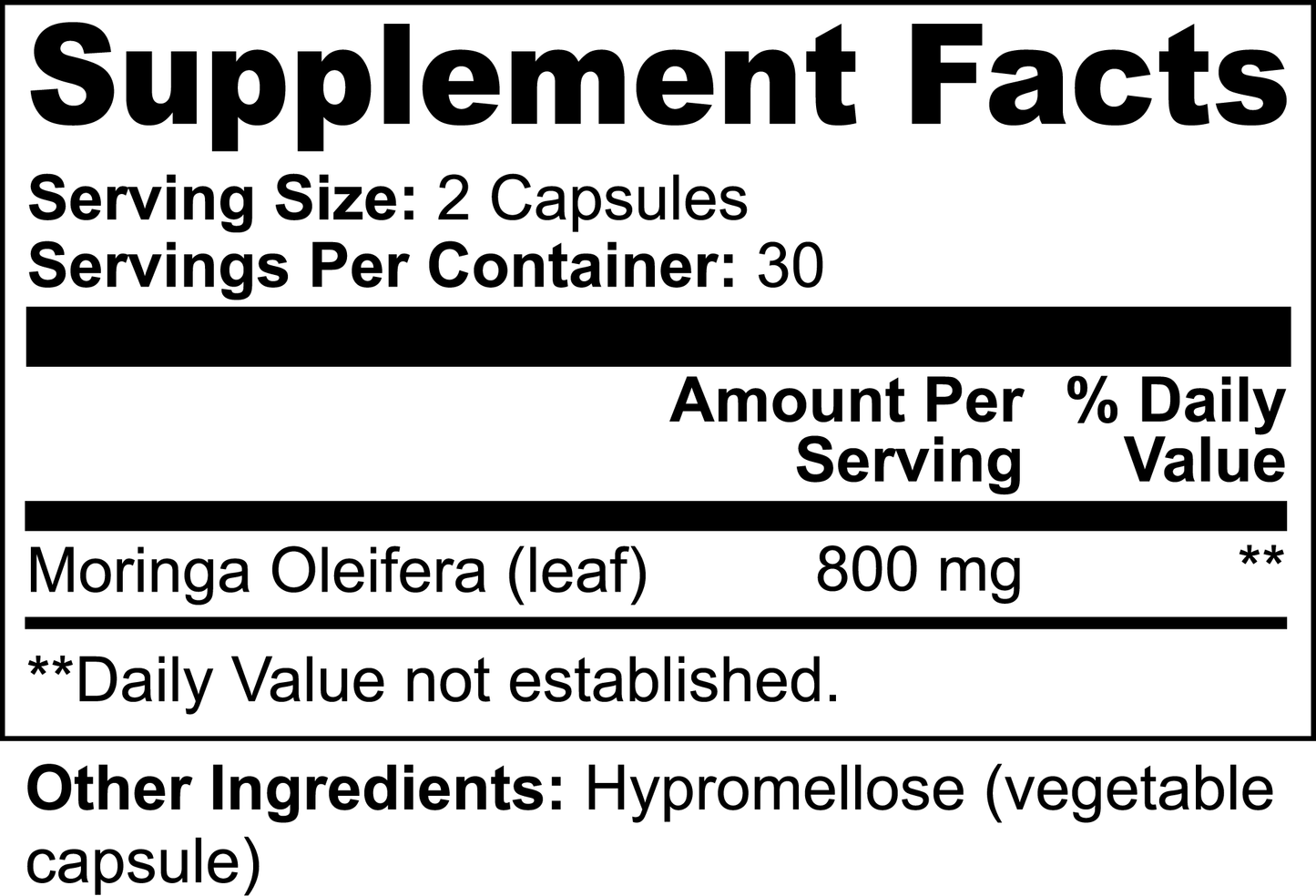 Supplement facts label with Moringa Oleifera and Hypromellose information