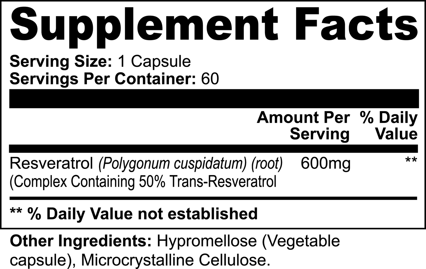Supplement facts label with Resveratrol content on a white background