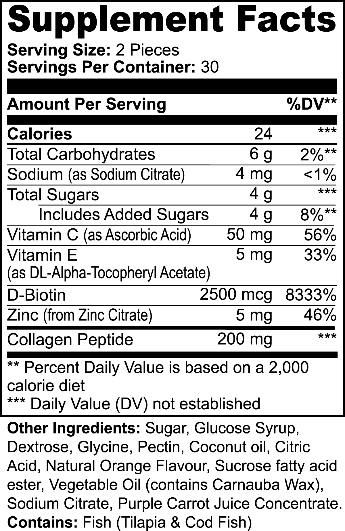 Supplement facts label with detailed nutritional information