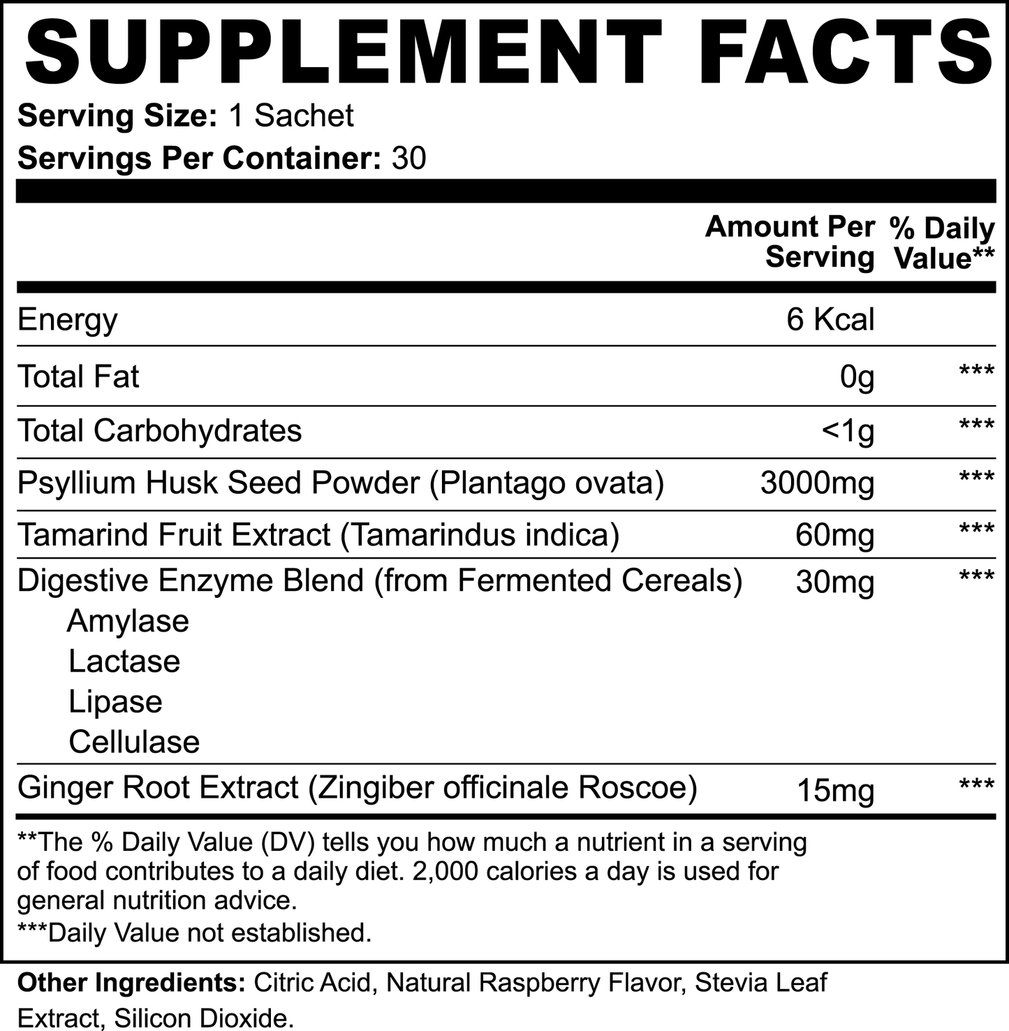 Supplement facts label with detailed nutritional information on a white background