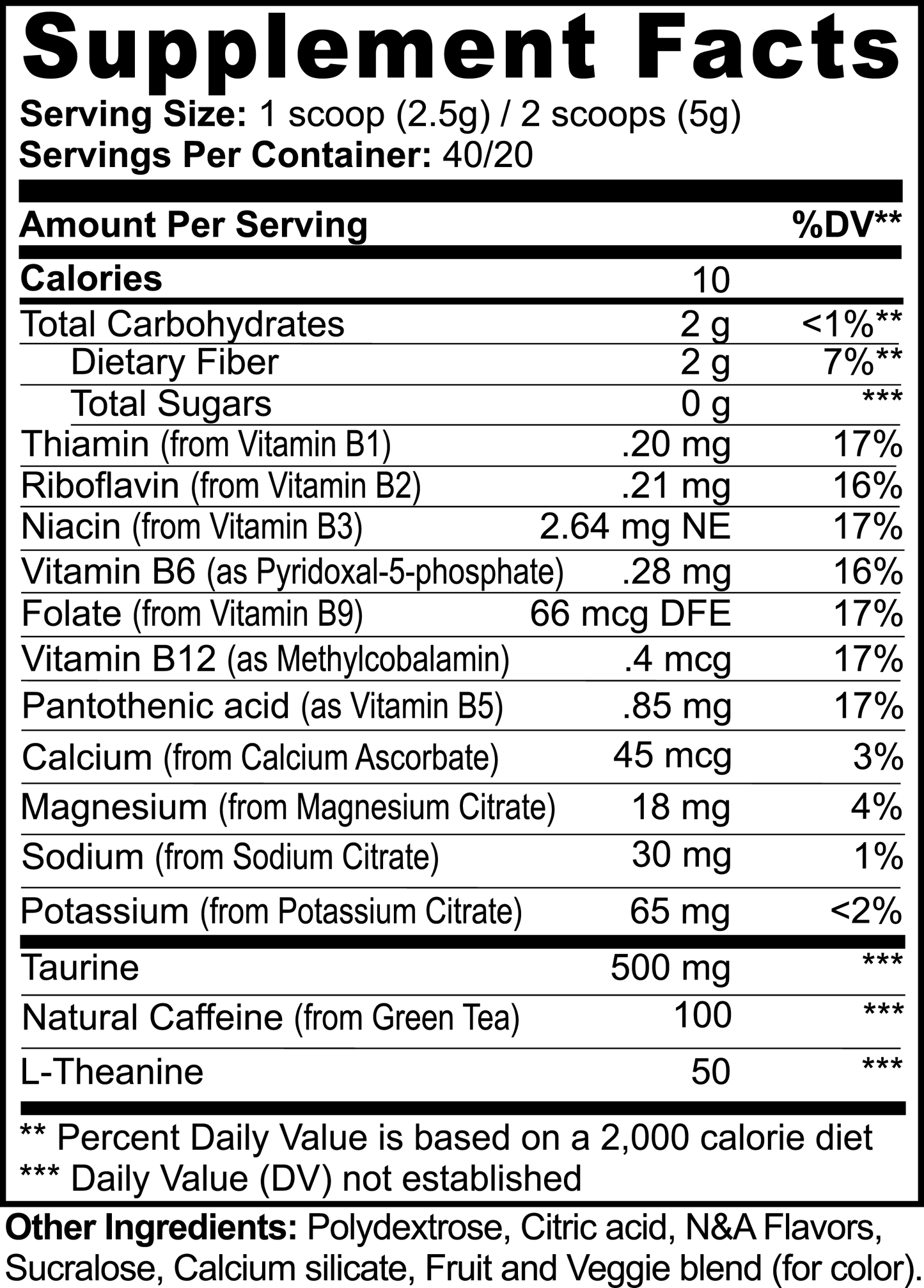 Supplement facts label with detailed nutritional information