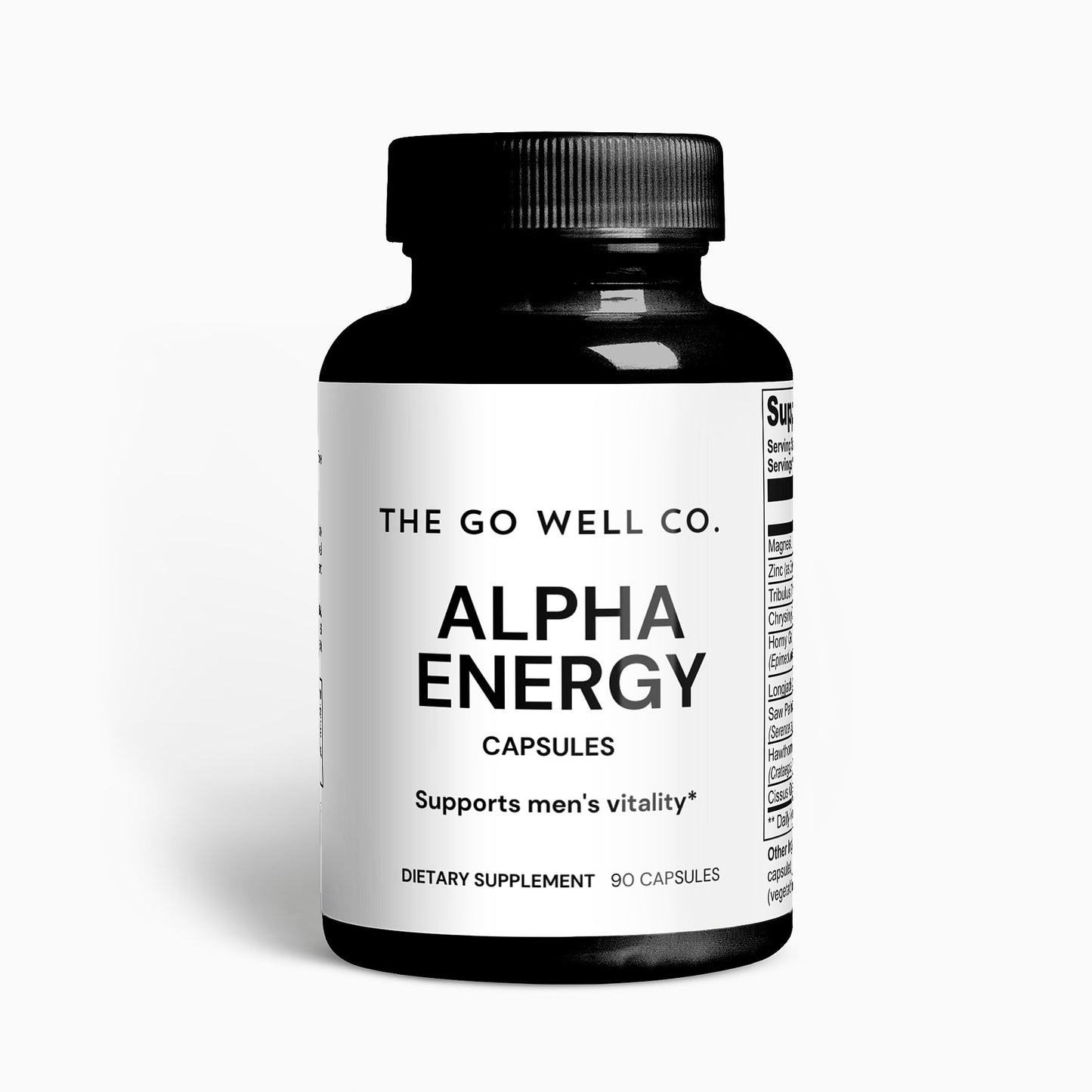 Supplement bottle labeled 'Alpha Energy' from 'The Go Well Co.' on a white background