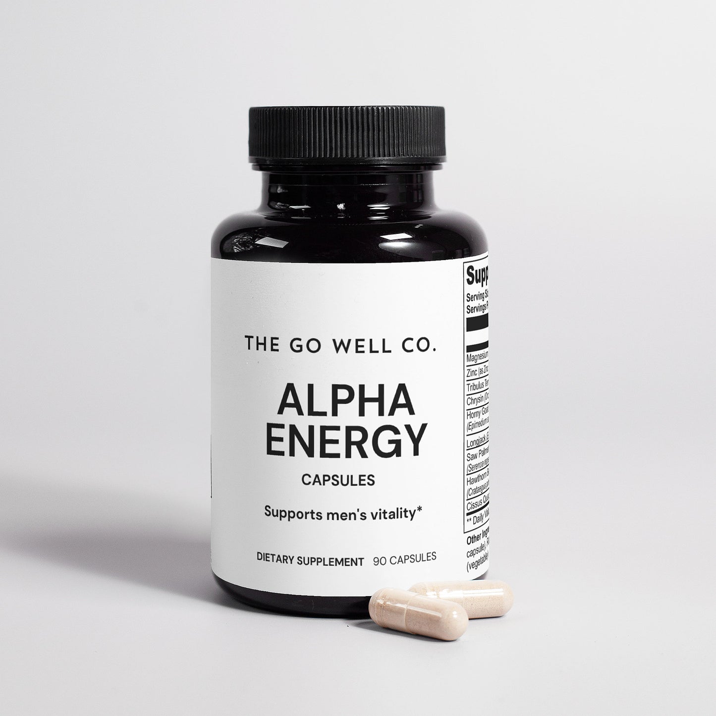 Alpha Energy capsules bottle with black cap and white label on a light gray background