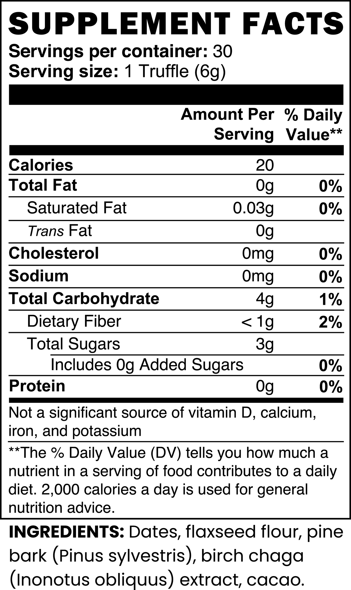 Nutrition facts label for a truffle product