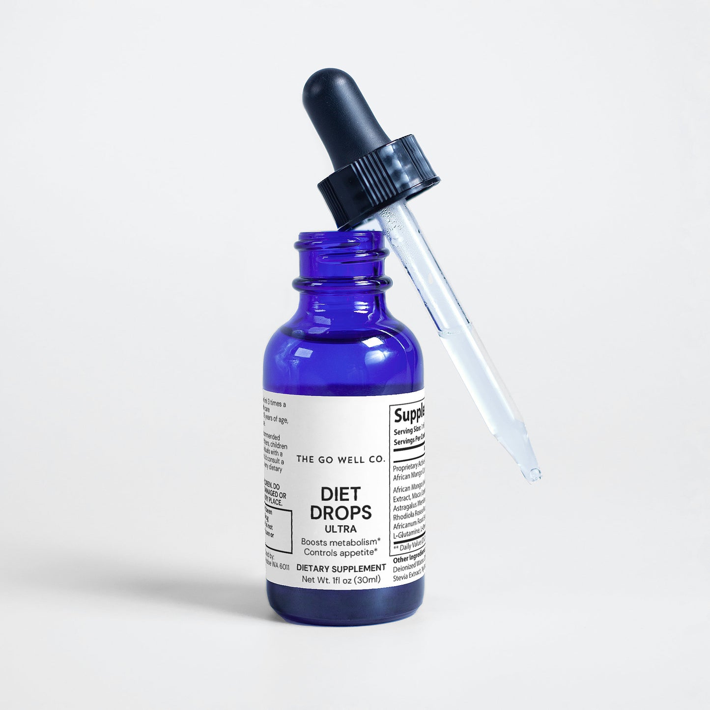 Blue dropper bottle labeled 'Diet Drops Ultra' by The Go Well Co. on a white background