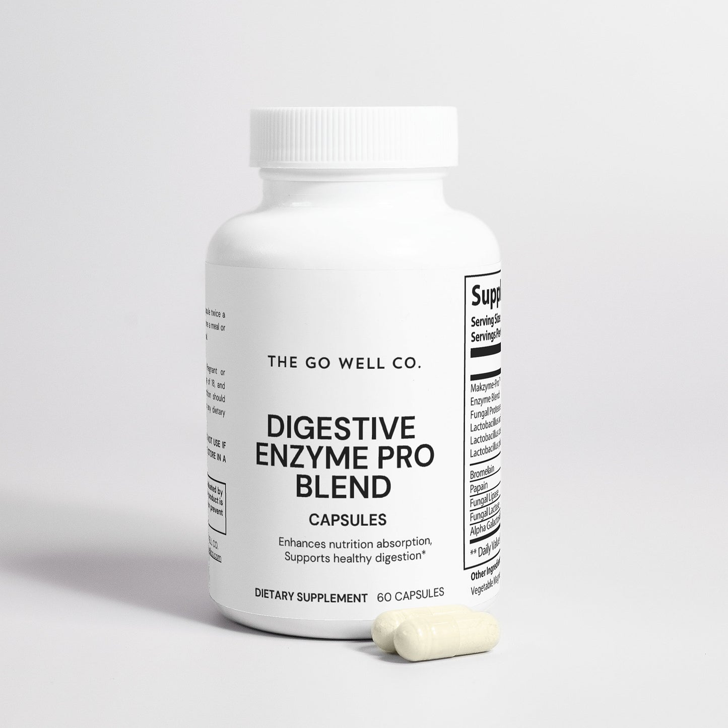 White supplement bottle labeled 'Digestive Enzyme Pro Blend' from The Go Well Co. on a light gray background.