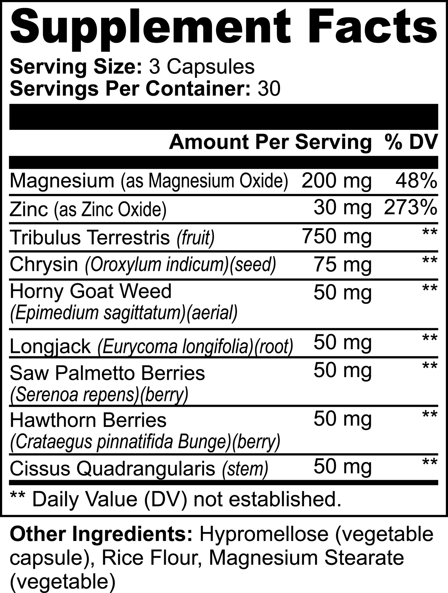 Supplement facts label with various ingredients and their amounts per serving.