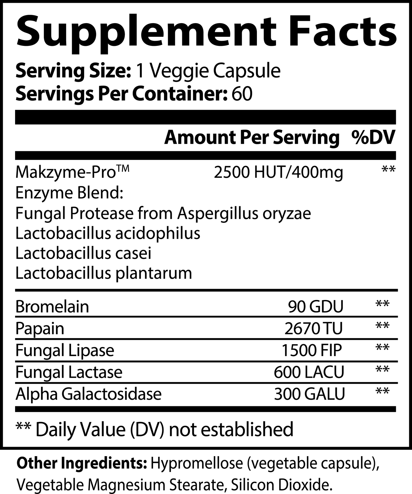 Supplement facts label for a product with various enzymes and their amounts per serving.