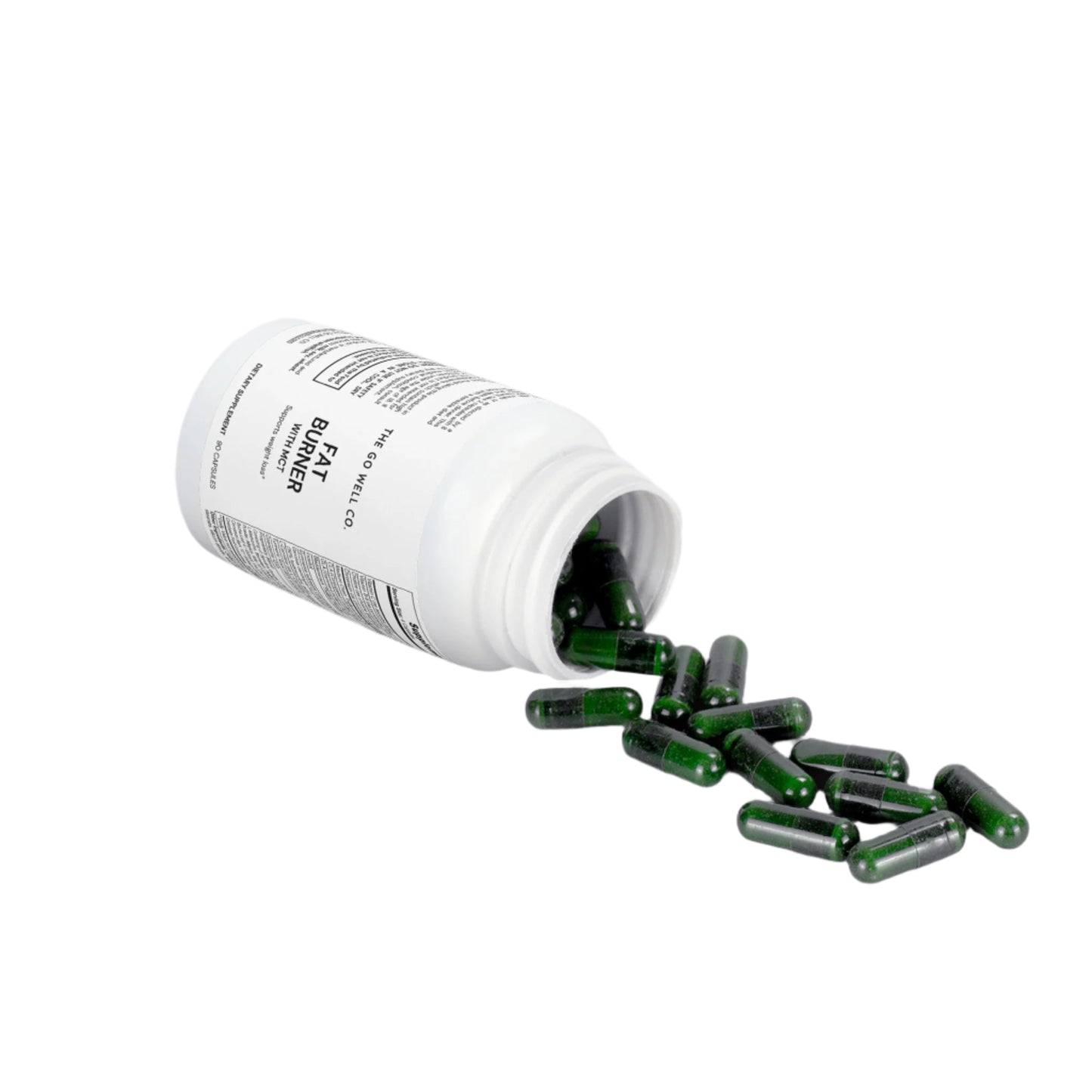White supplement bottle with green capsules spilling out on a white background