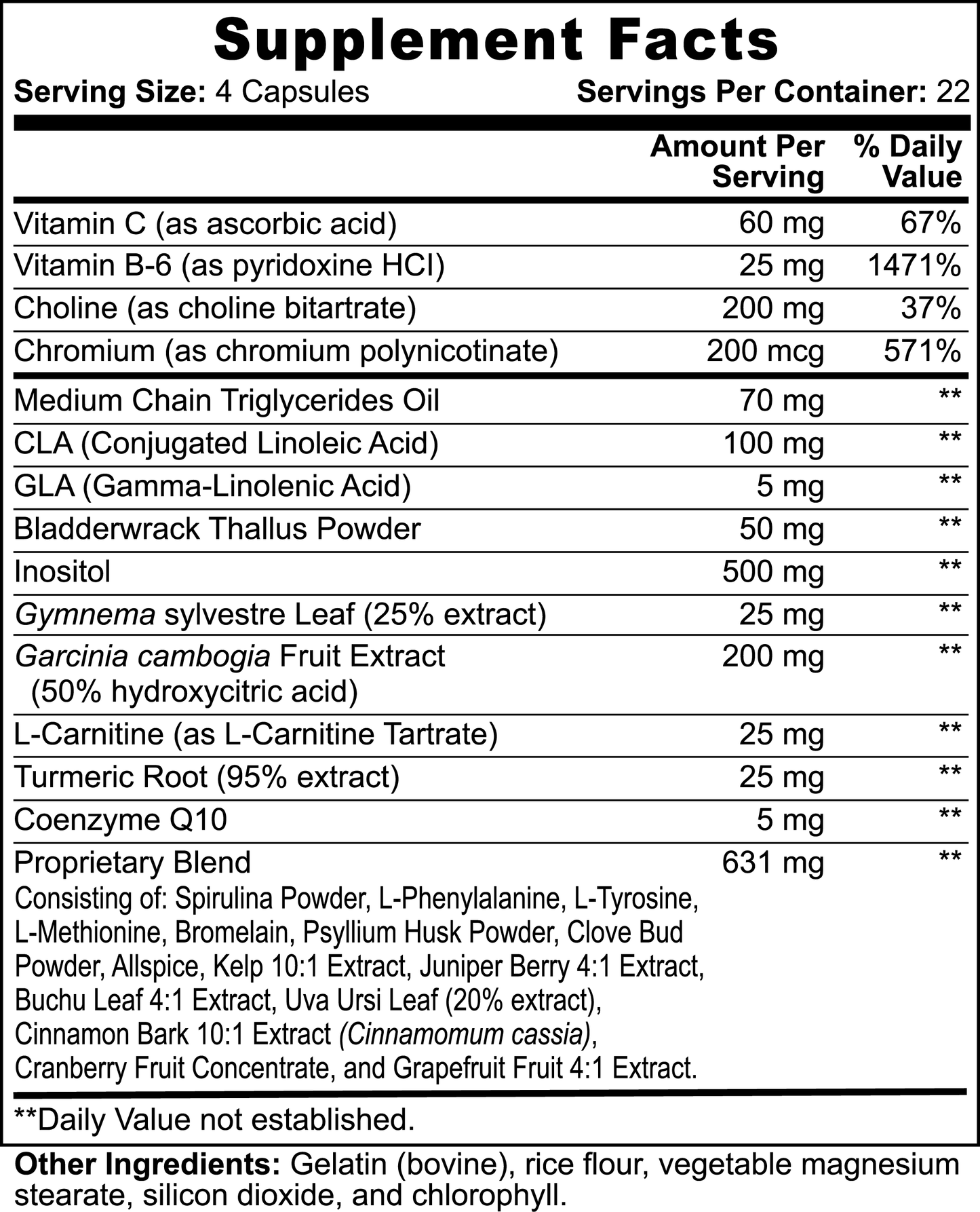 Supplement facts label with detailed nutritional information