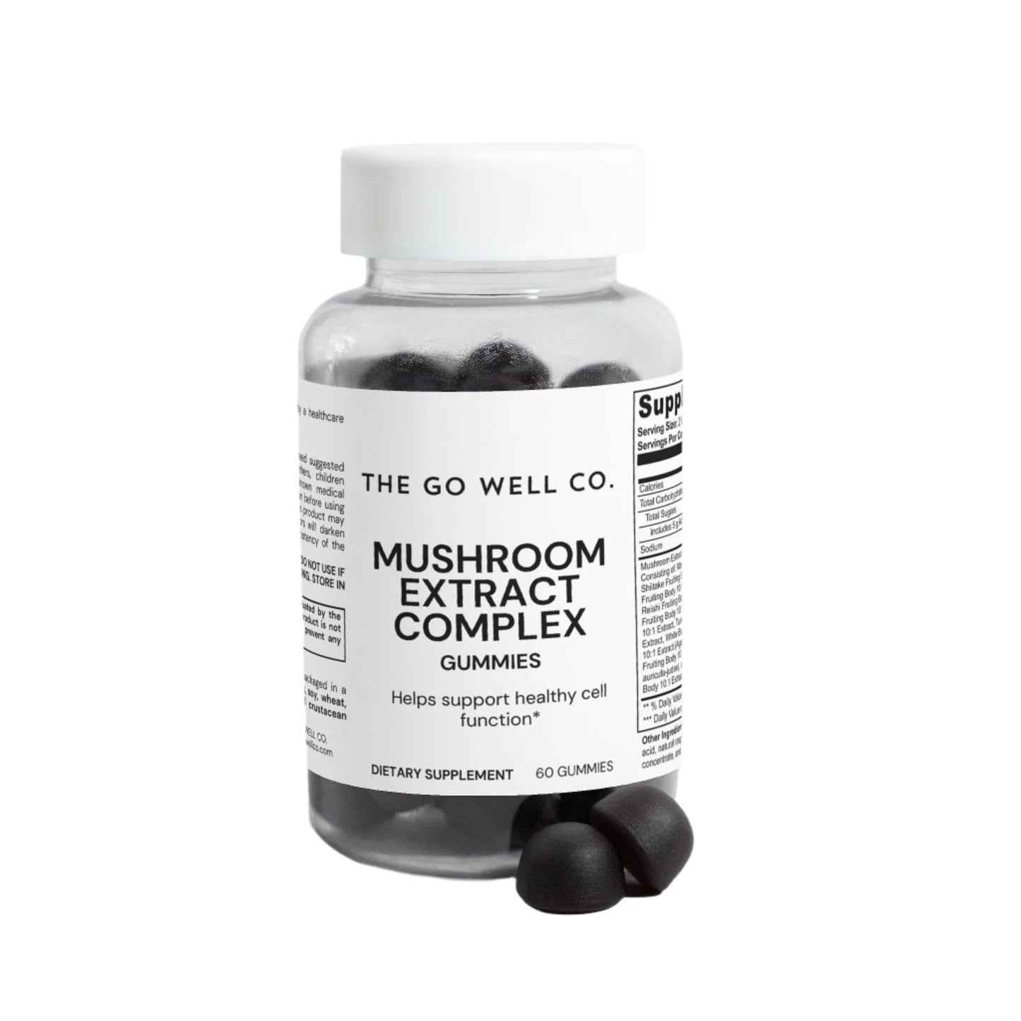 Bottle of The Go Well Co. Mushroom Extract Complex Gummies on a light gray background