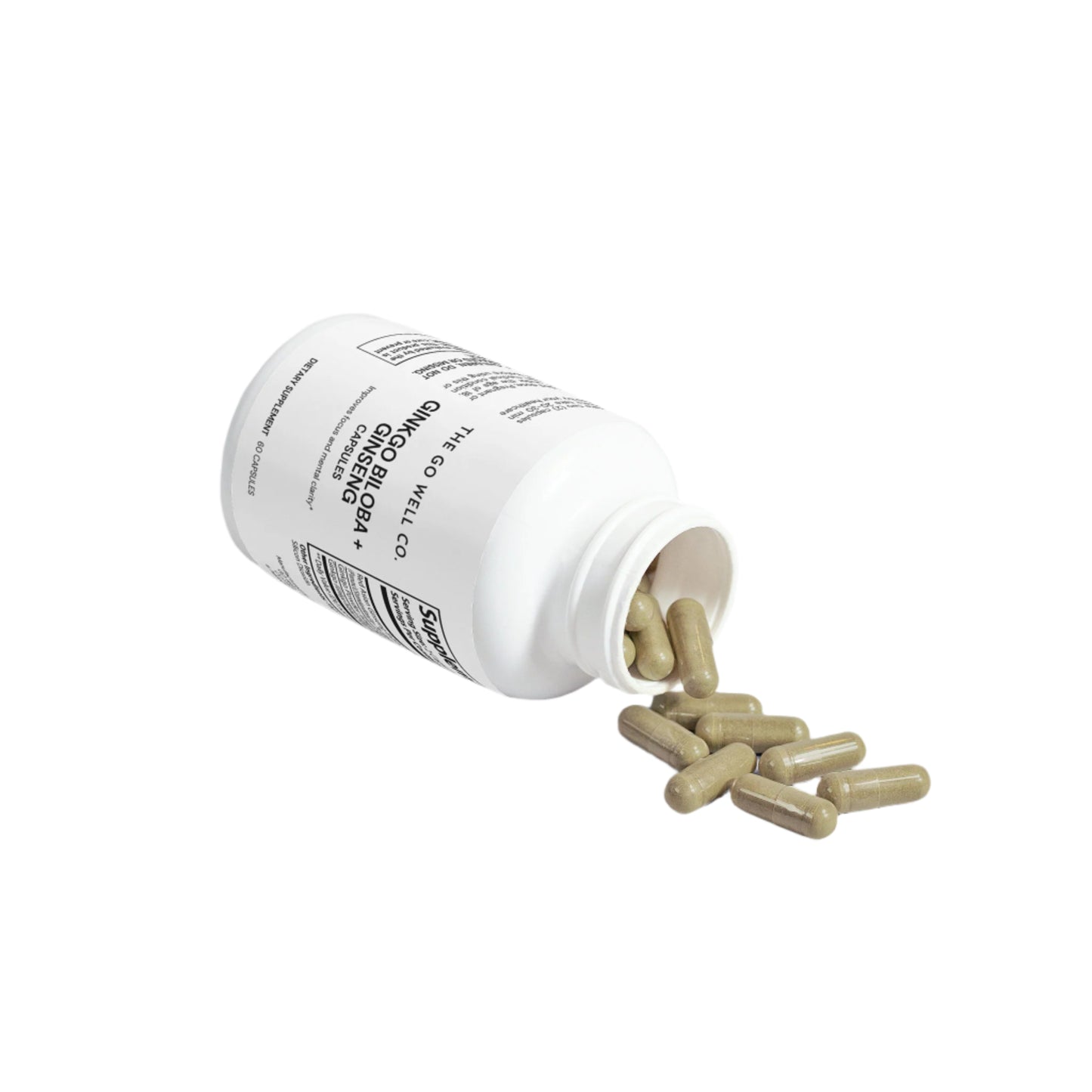 Open white supplement bottle with gold capsules spilling out on a white background
