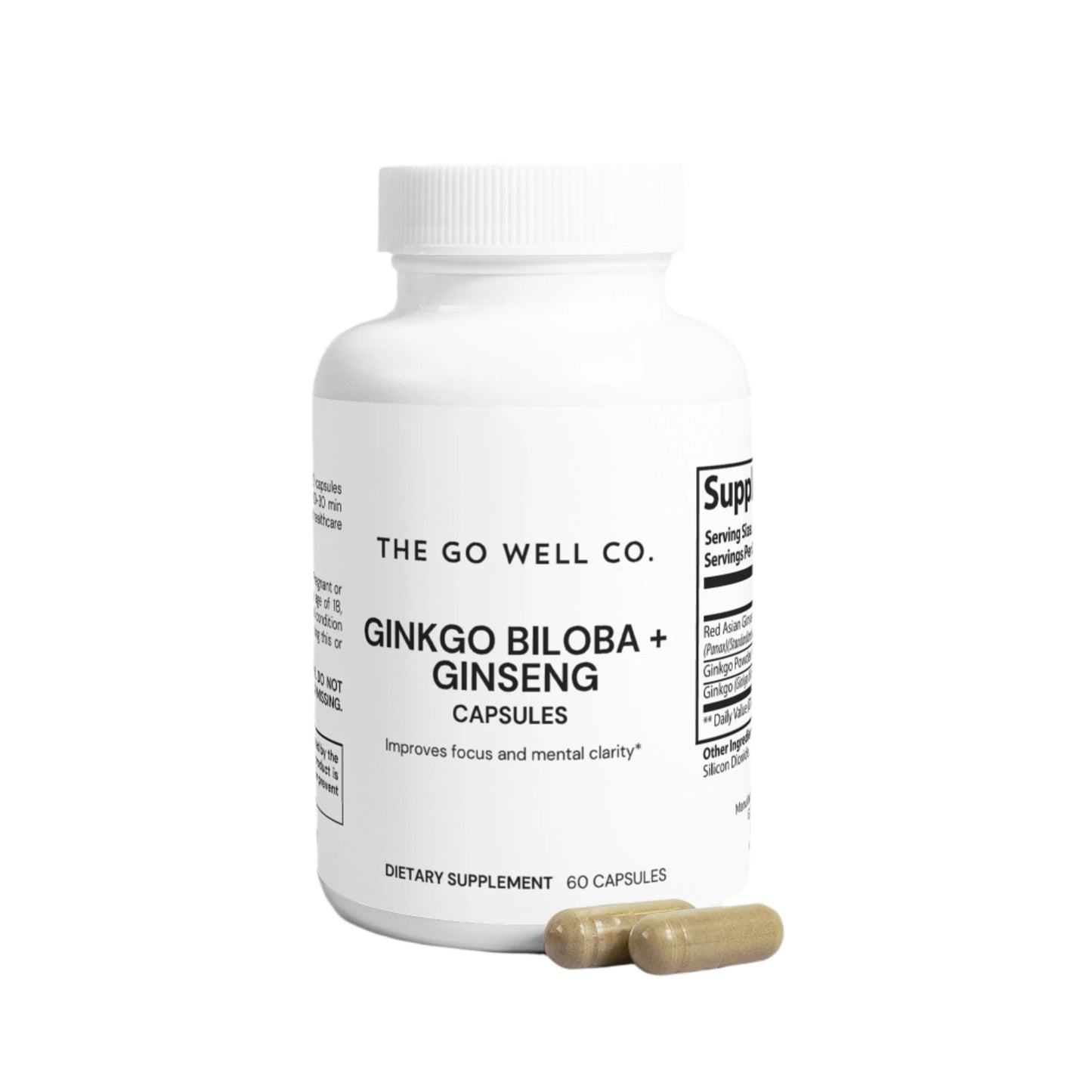 Supplement bottle labeled 'The Go Well Co.' with Ginkgo Biloba + Ginseng capsules on a white background