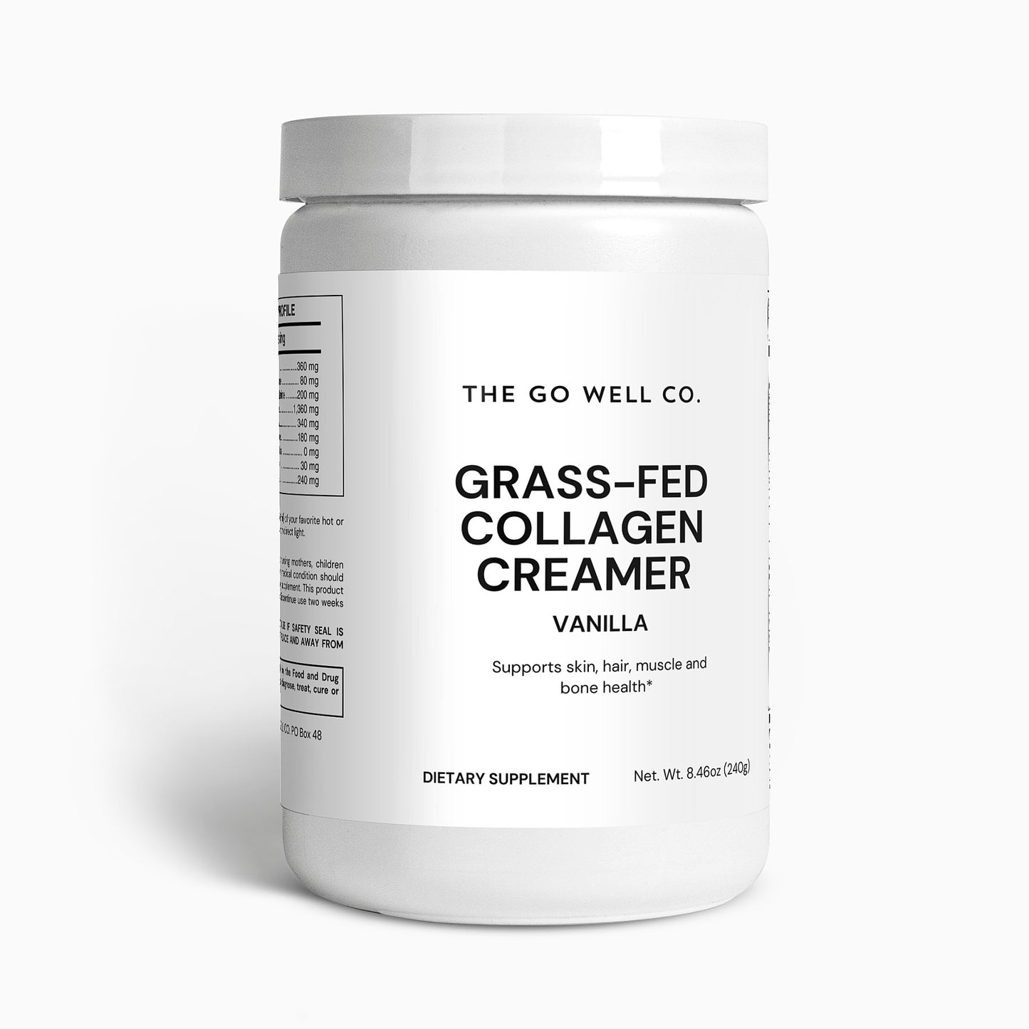 White container of Grass-Fed Collagen Creamer by The Go Well Co. on a white background