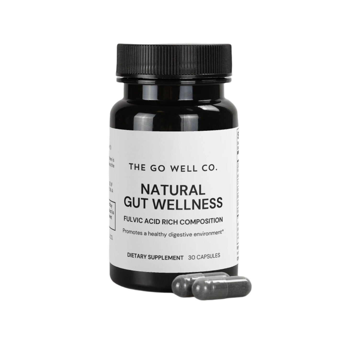 Supplement bottle labeled 'The Go Well Co. Natural Gut Wellness' on a white background