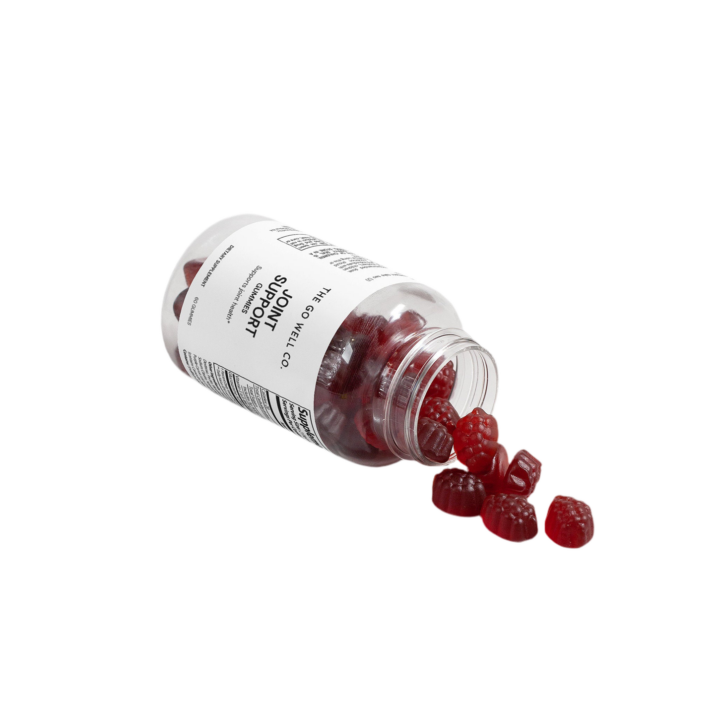 Jar of red gummy bears with a white label on a white background