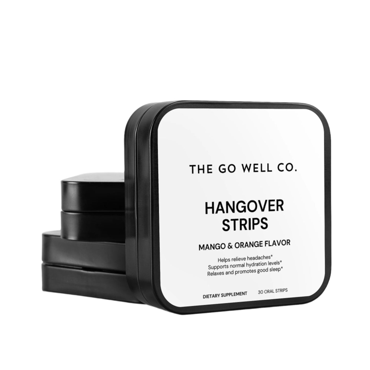 Black and white container of 'The Go Well Co.' hangover strips on a white background