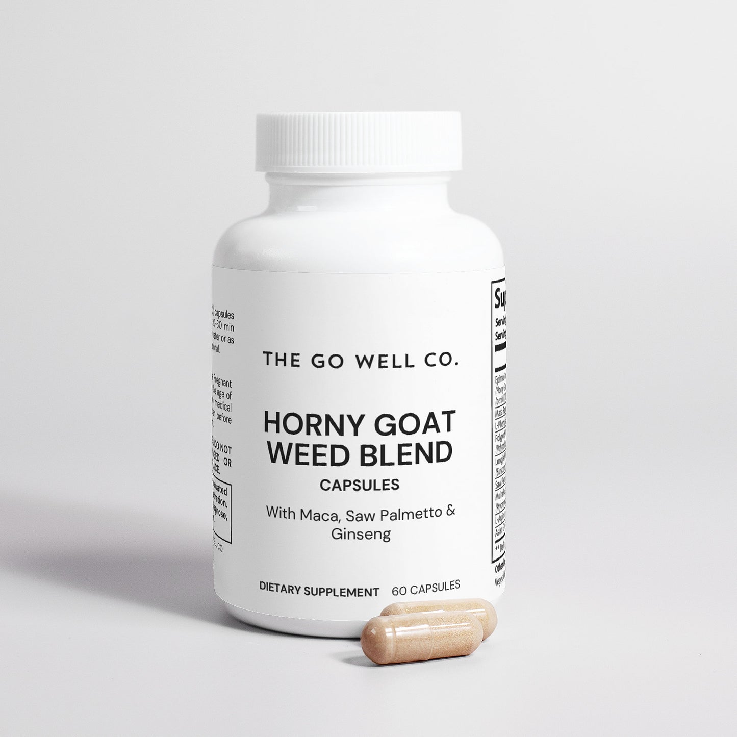 Supplement bottle labeled 'Horny Goat Weed Blend' from The Go Well Co. on a light gray background