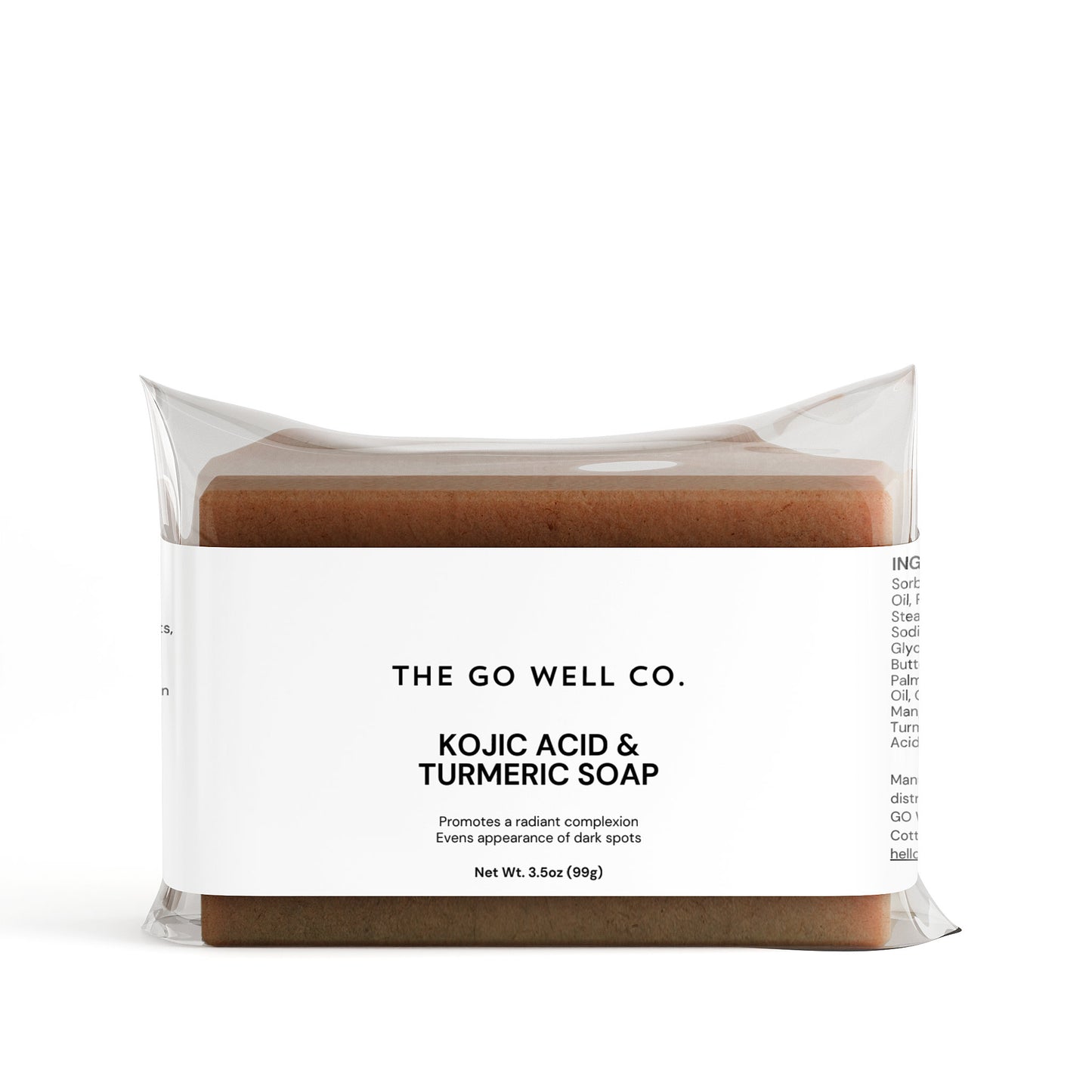 Kojic Acid & Turmeric Soap packaging from The Go Well Co. on a white background
