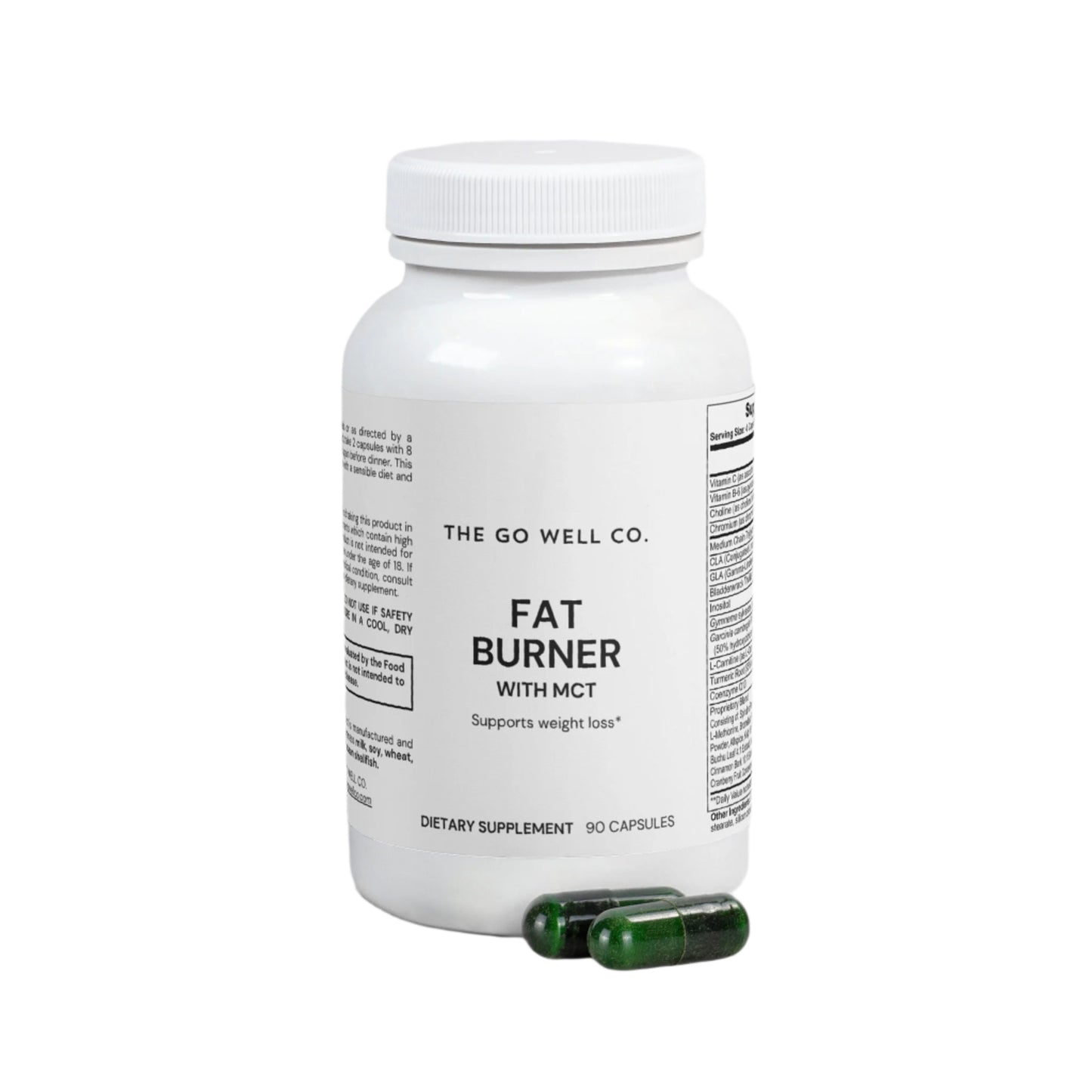 Fat burner supplement bottle with capsules on a white background