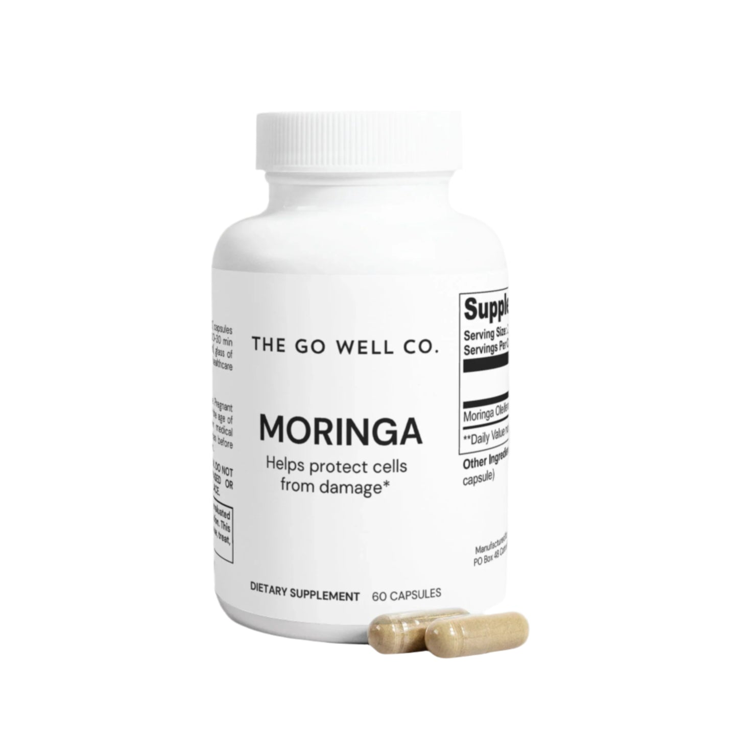 Supplement bottle labeled 'Moringa' from 'The Go Well Co.' on a white background