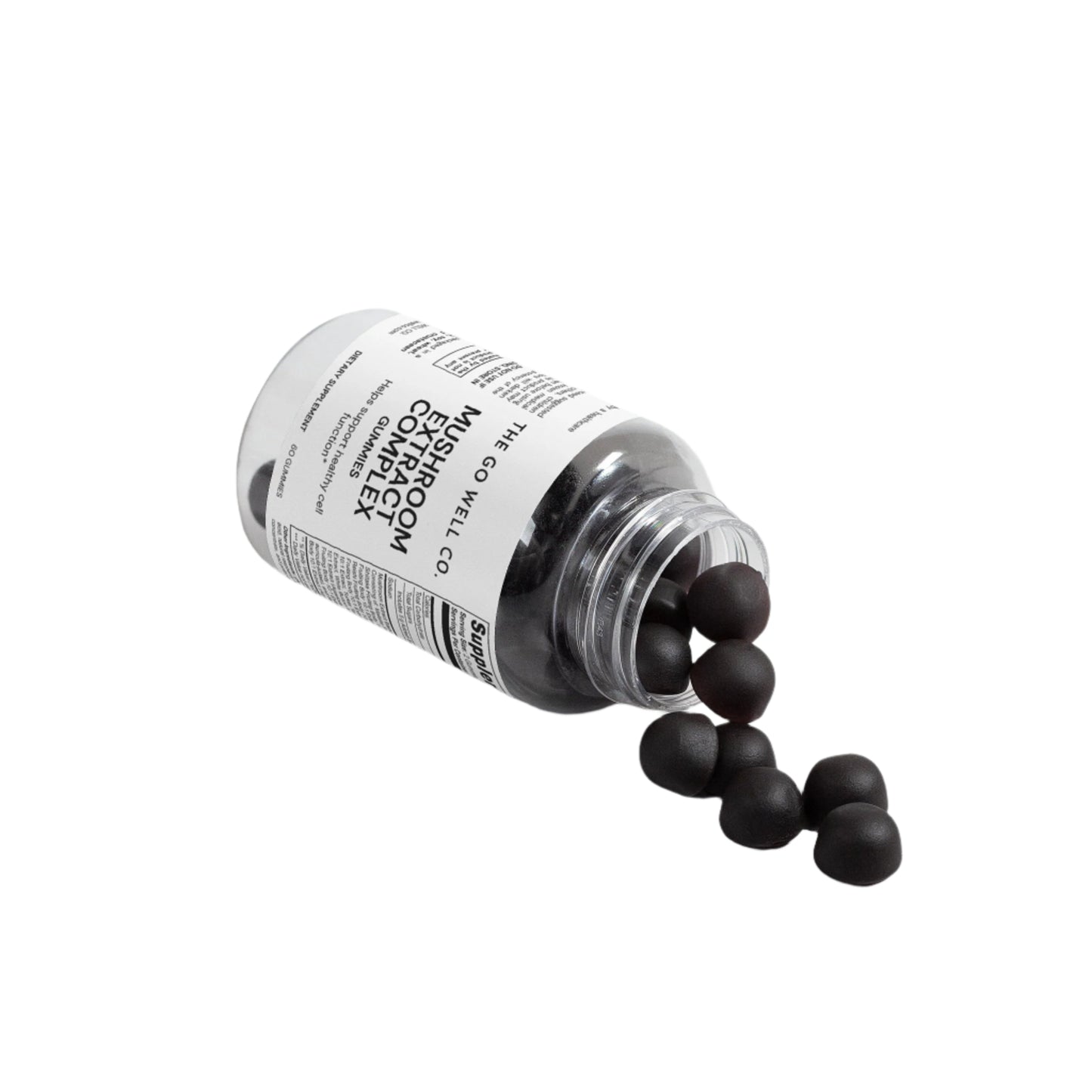 Bottle of black gummies with a label on a light gray background