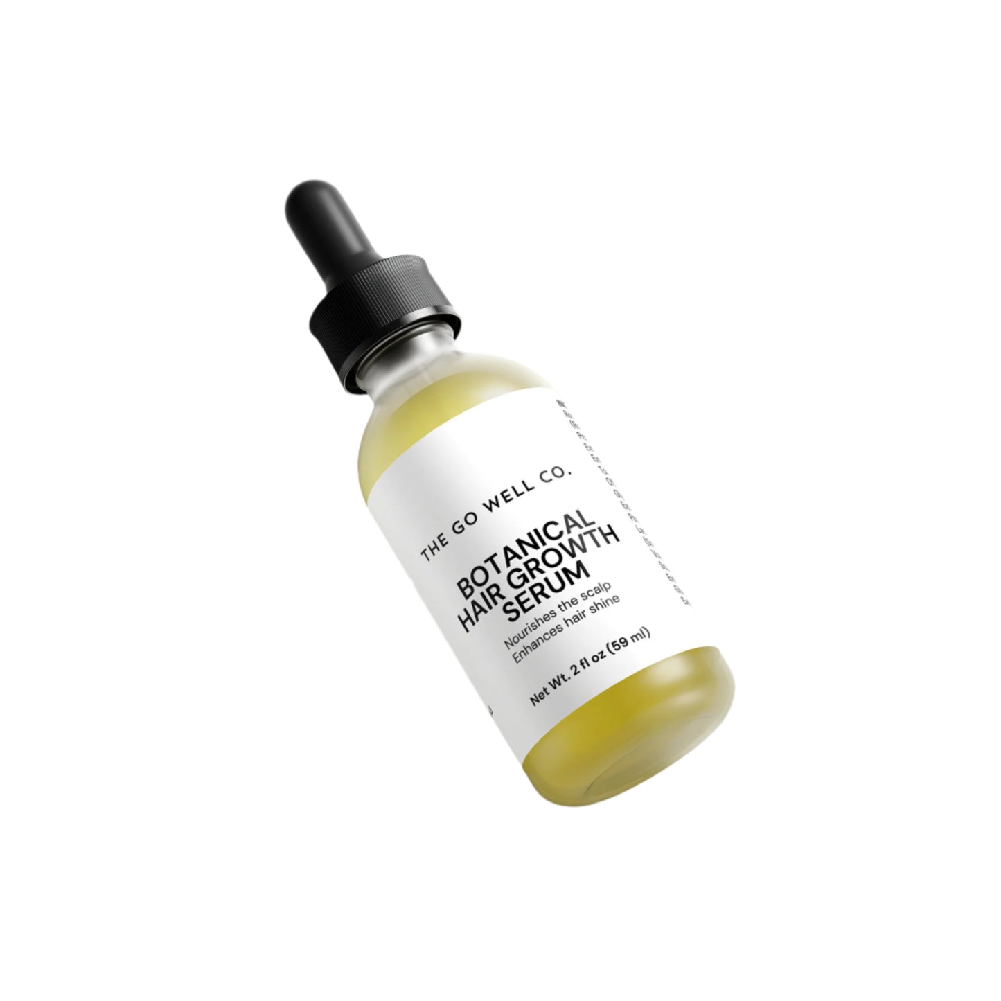 Botanical hair growth serum bottle with dropper on a white background