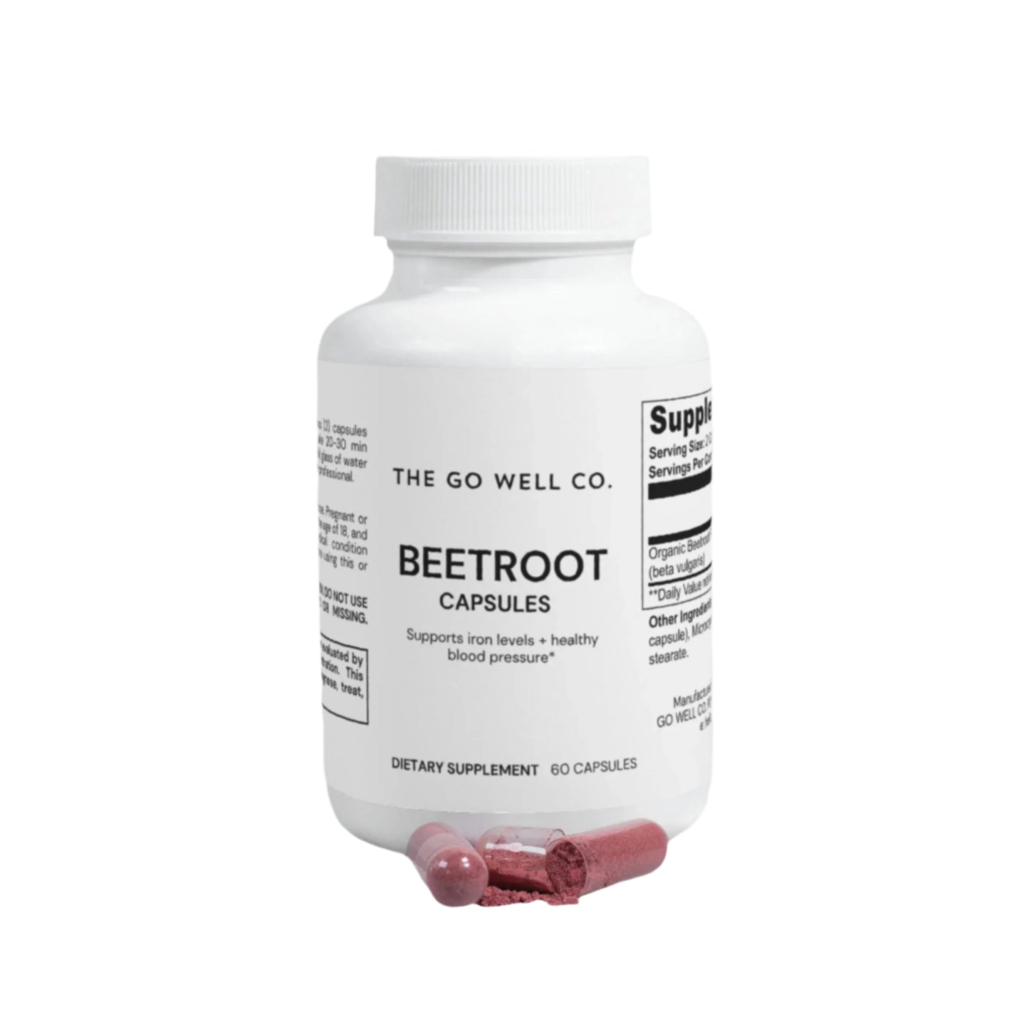 Supplement bottle labeled 'Beetroot Capsules' from The Go Well Co. on a white background