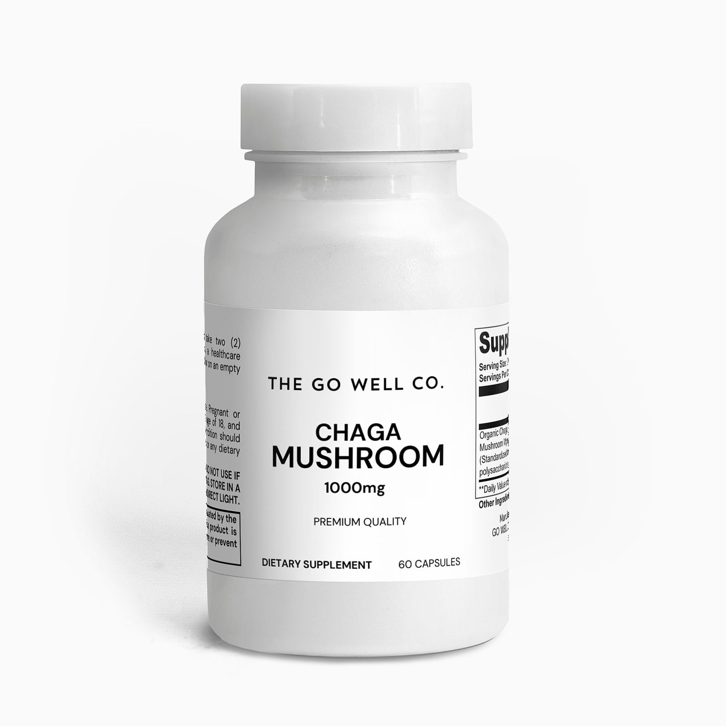 Supplement bottle labeled 'Chaga Mushroom' from 'The Go Well Co.' on a white background