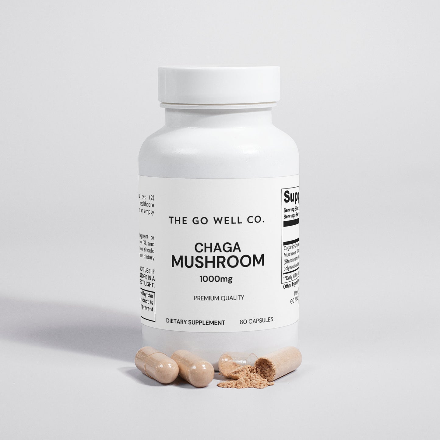 Supplement bottle labeled 'Chaga Mushroom' from 'The Go Well Co.' on a light gray background