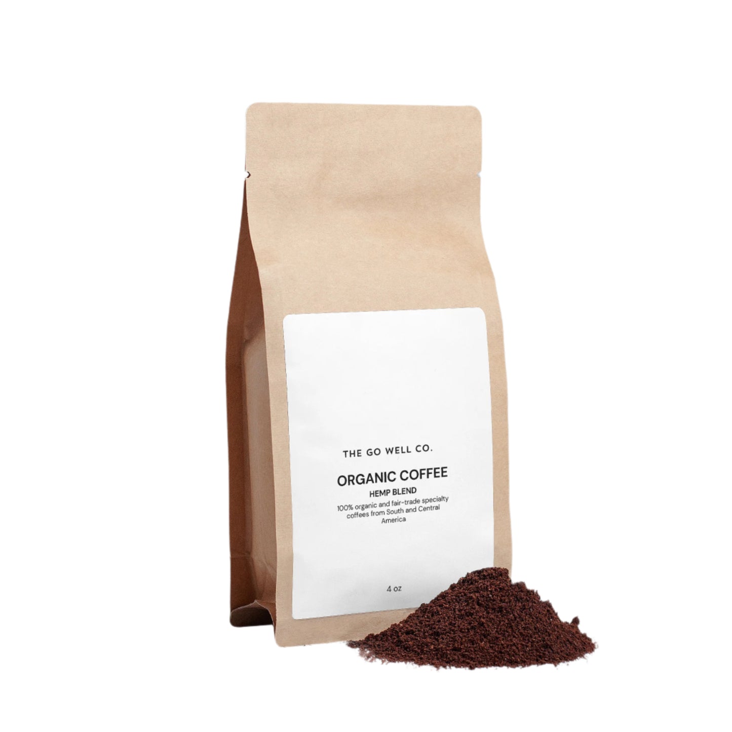 Kraft paper coffee bag with white label displaying 'The Go Well Co.' on a white background