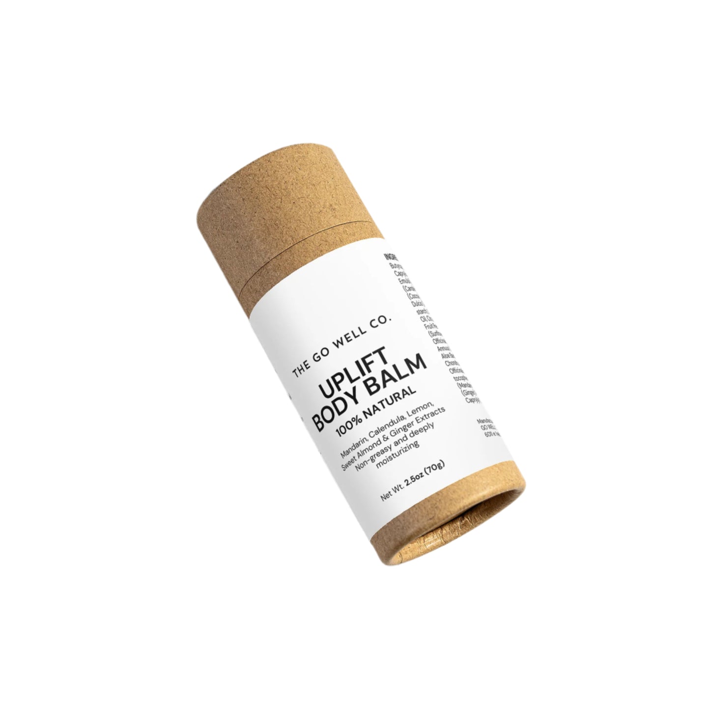 Uplift body balm in a cardboard tube on a light gray background