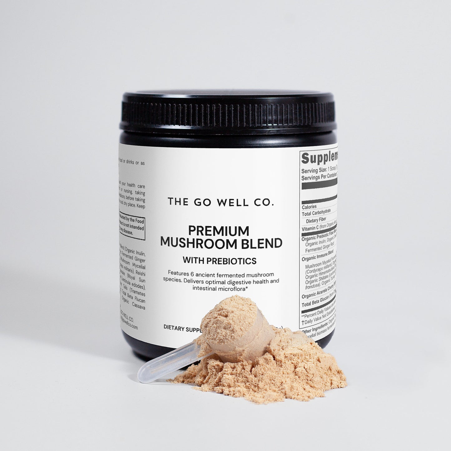 Container of 'The Go Well Co.' Premium Mushroom Blend with Prebiotics on a light gray background
