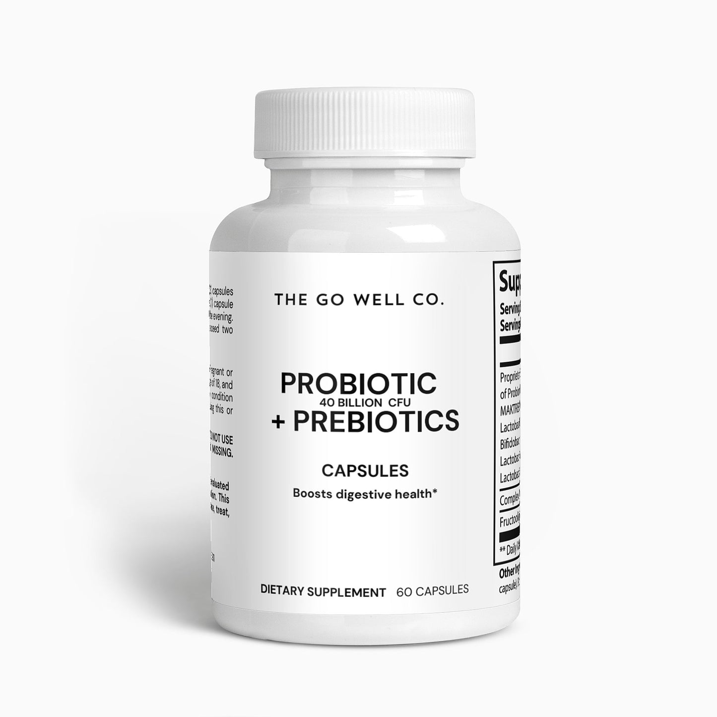 White supplement bottle labeled 'Probiotic + Prebiotics' from The Go Well Co. on a white background