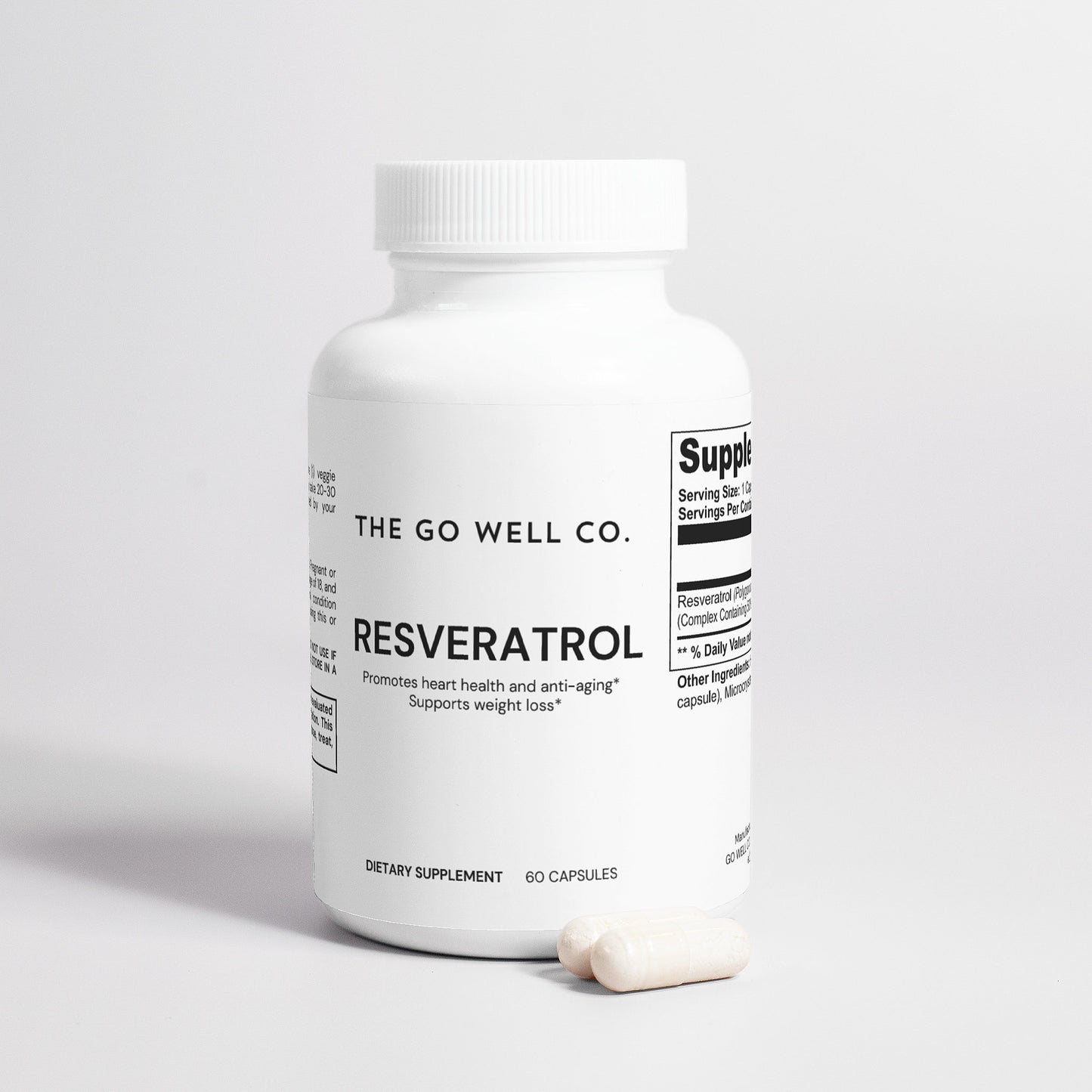 Supplement bottle labeled 'The Go Well Co. Resveratrol' on a light gray background