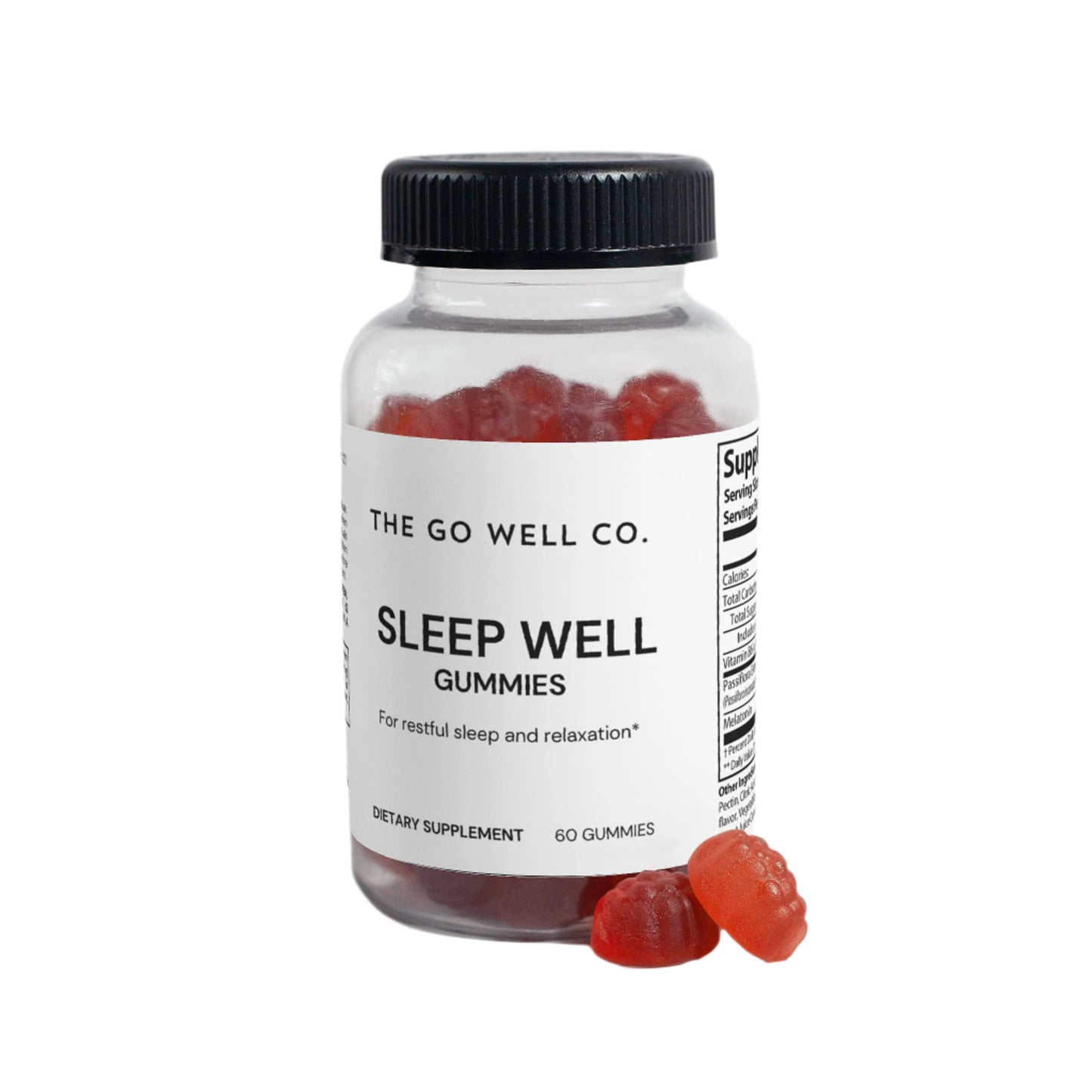 Bottle of 'Sleep Well Gummies' from The Go Well Co. on a white background