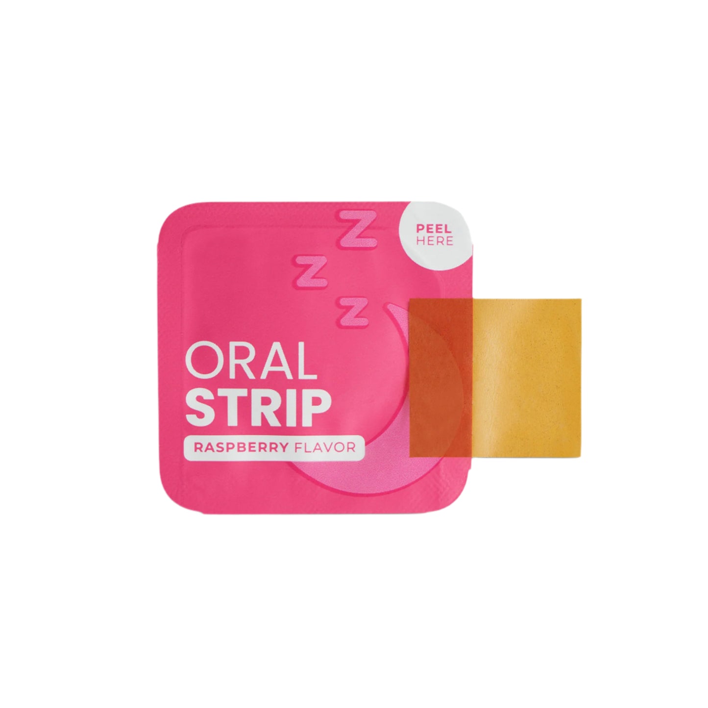 Pink packaging of an oral strip with a raspberry flavor label on a white background