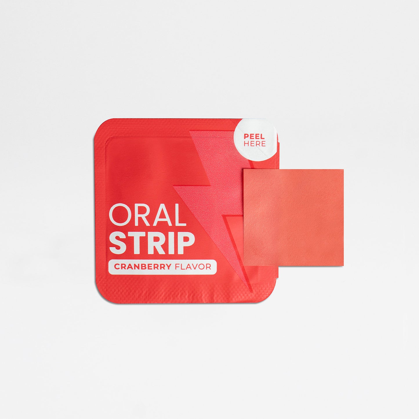 Red oral strip packaging with 'Oral Strip' and 'Cranberry Flavor' text on a white background.