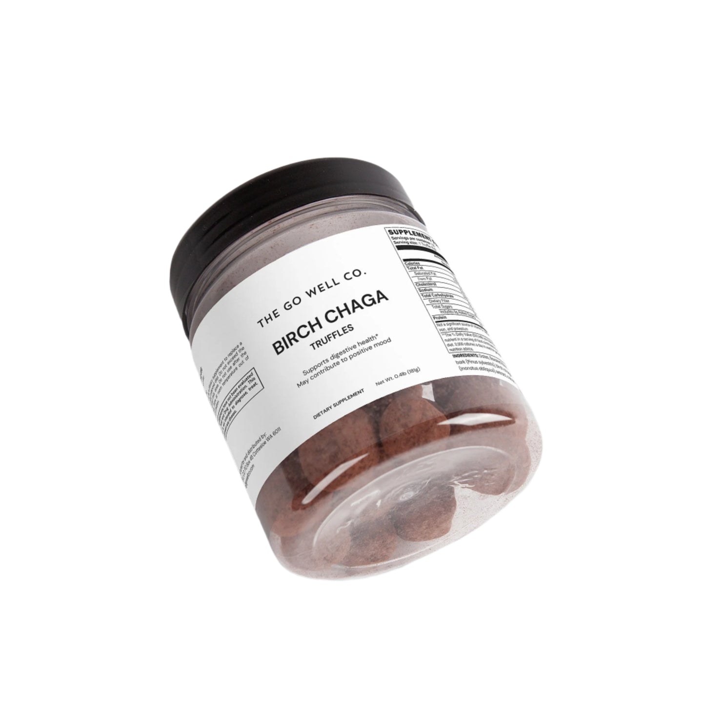 Jar of Birch Chaga truffles from The Go Well Co. on a white background