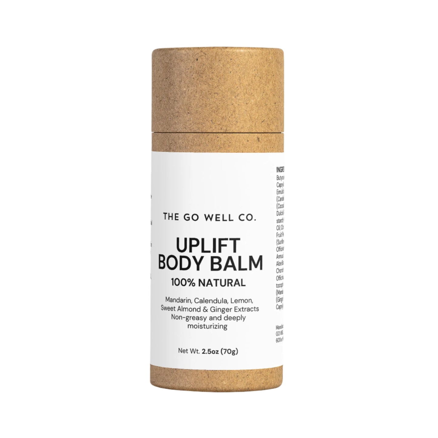 Uplift body balm container with cork lid on a white background