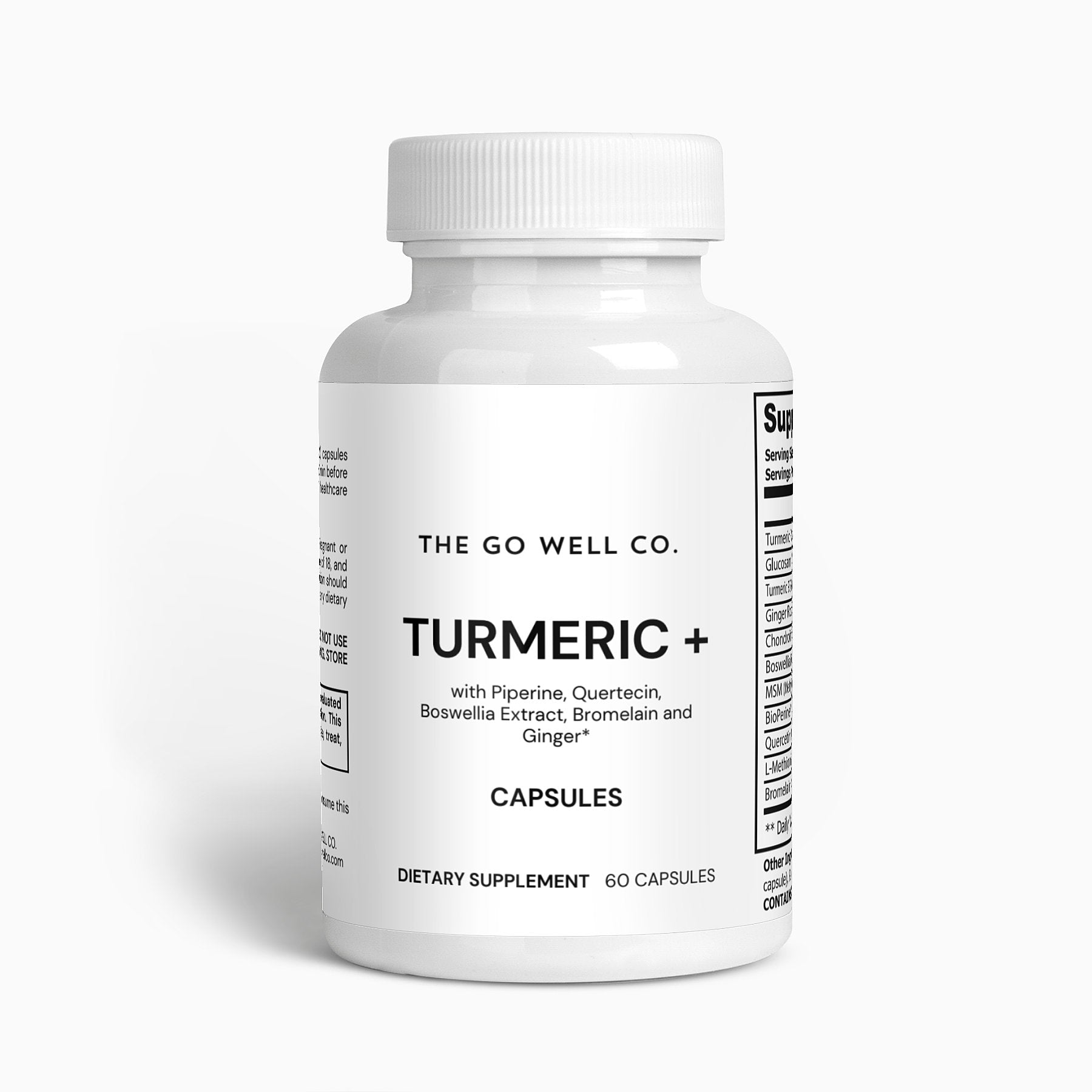 Turmeric + w/ Quertecin, Piperine, Boswellia, Bromelain and Ginger Qty 60 Caps - The Go Well Co.