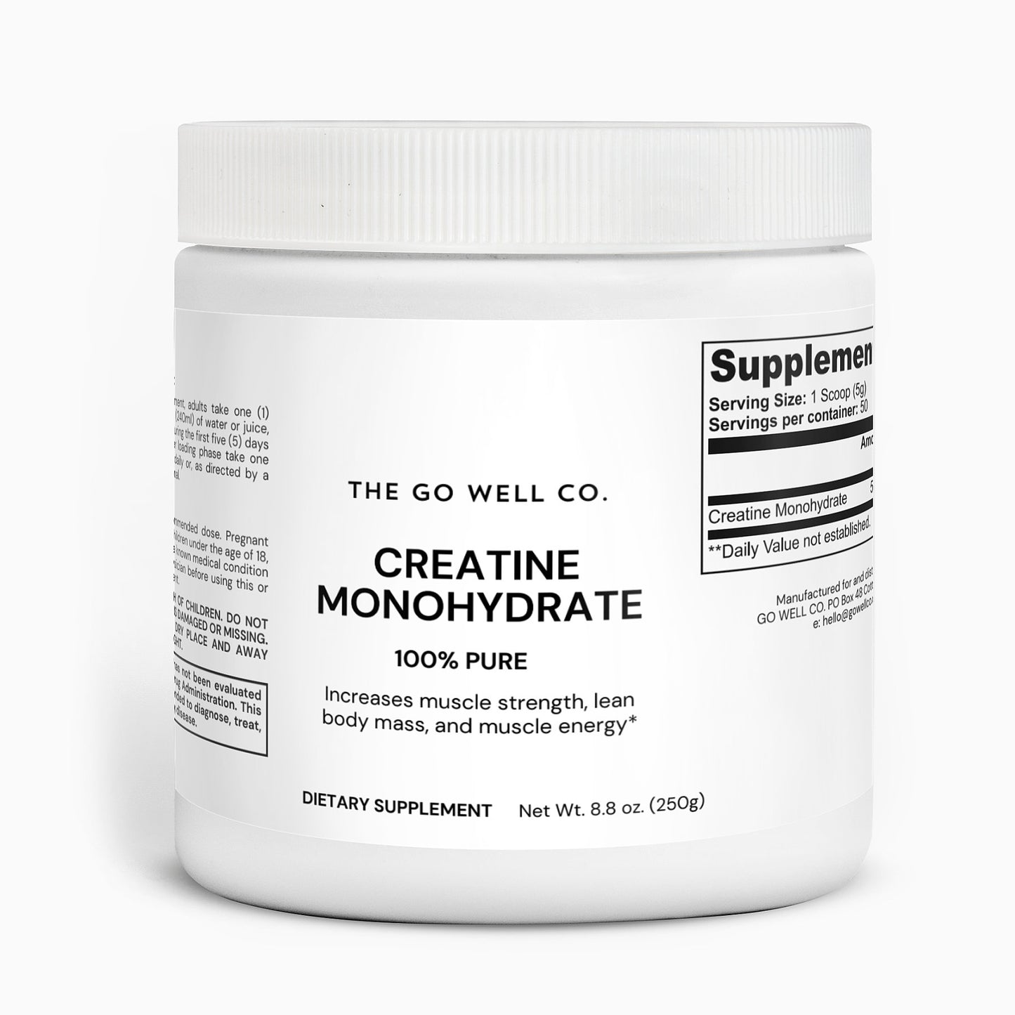 A tub of 100% pure creatine monohydrate powder by The Go Well Co.