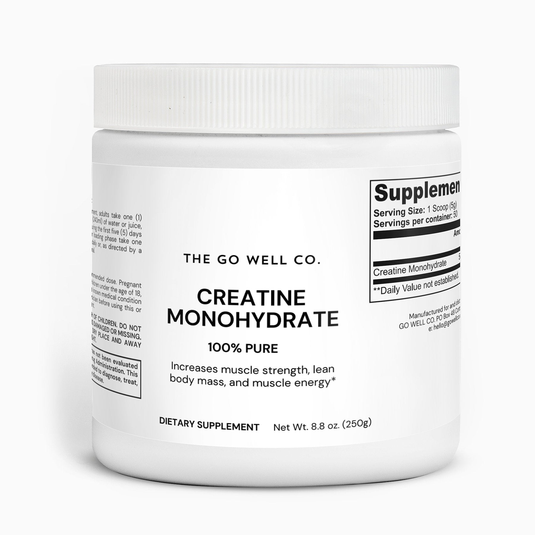 A tub of 100% pure creatine monohydrate powder by The Go Well Co.