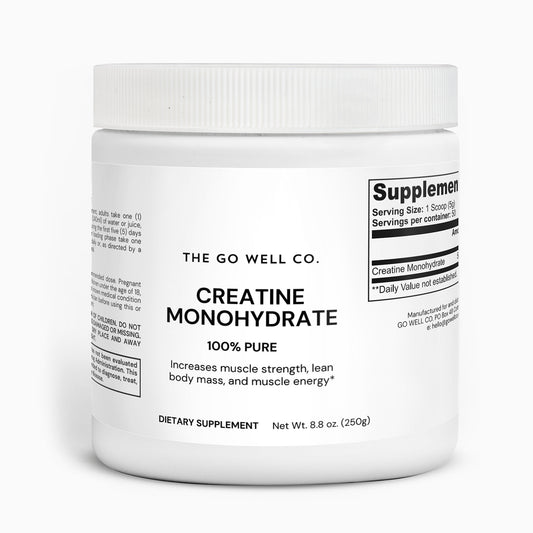 A tub of 100% pure creatine monohydrate powder by The Go Well Co.