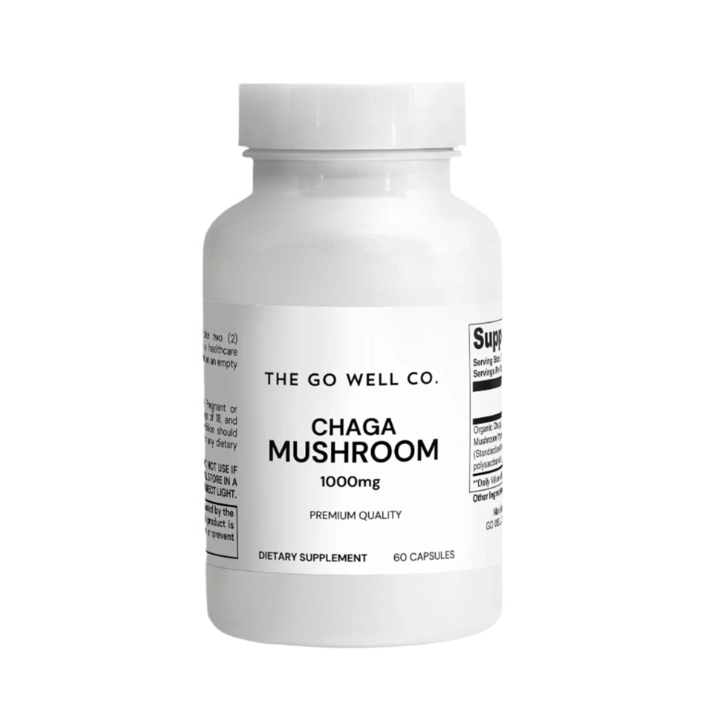 A bottle of Organic Chaga Mushroom Capsules in a quantity of 60