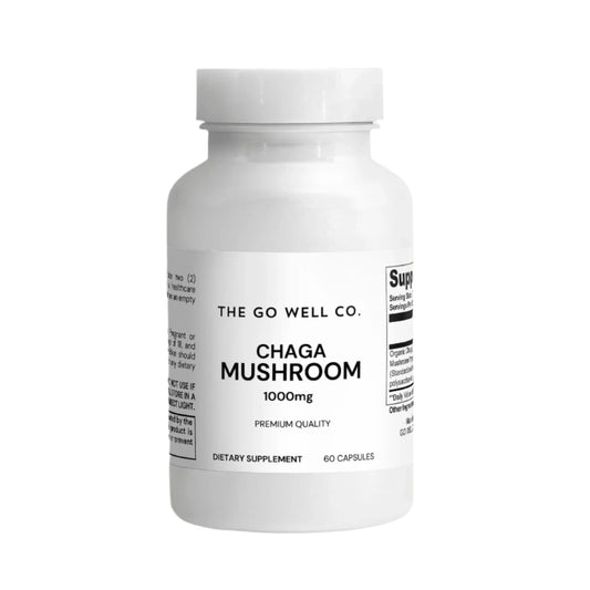 A bottle of Organic Chaga Mushroom Capsules in a quantity of 60