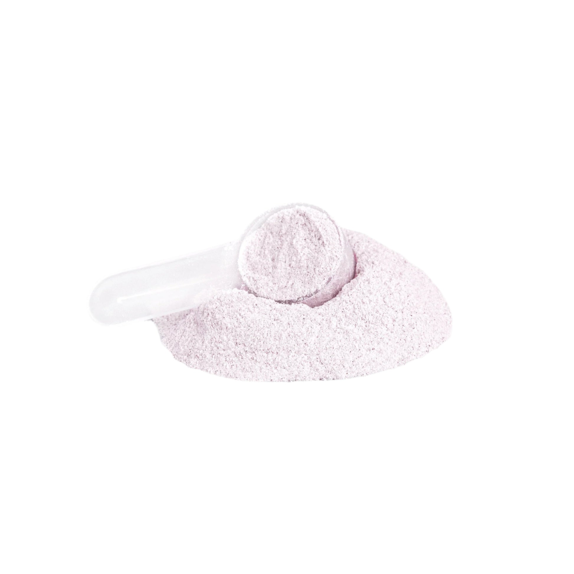 White scoop with pink powder on a light gray background